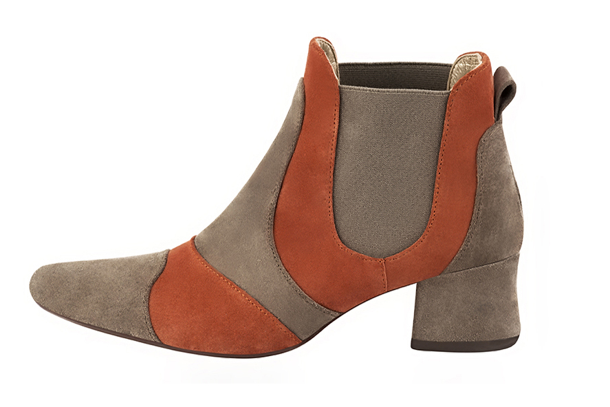Tan beige, terracotta orange and taupe brown women's ankle boots, with elastics. Round toe. Low flare heels. Profile view - Florence KOOIJMAN